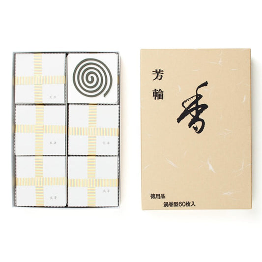 「銘香 芳輪 天平 徳用60枚入り 渦巻き型」気品の高い和の香り。 深みのある自然な残り香が漂います。